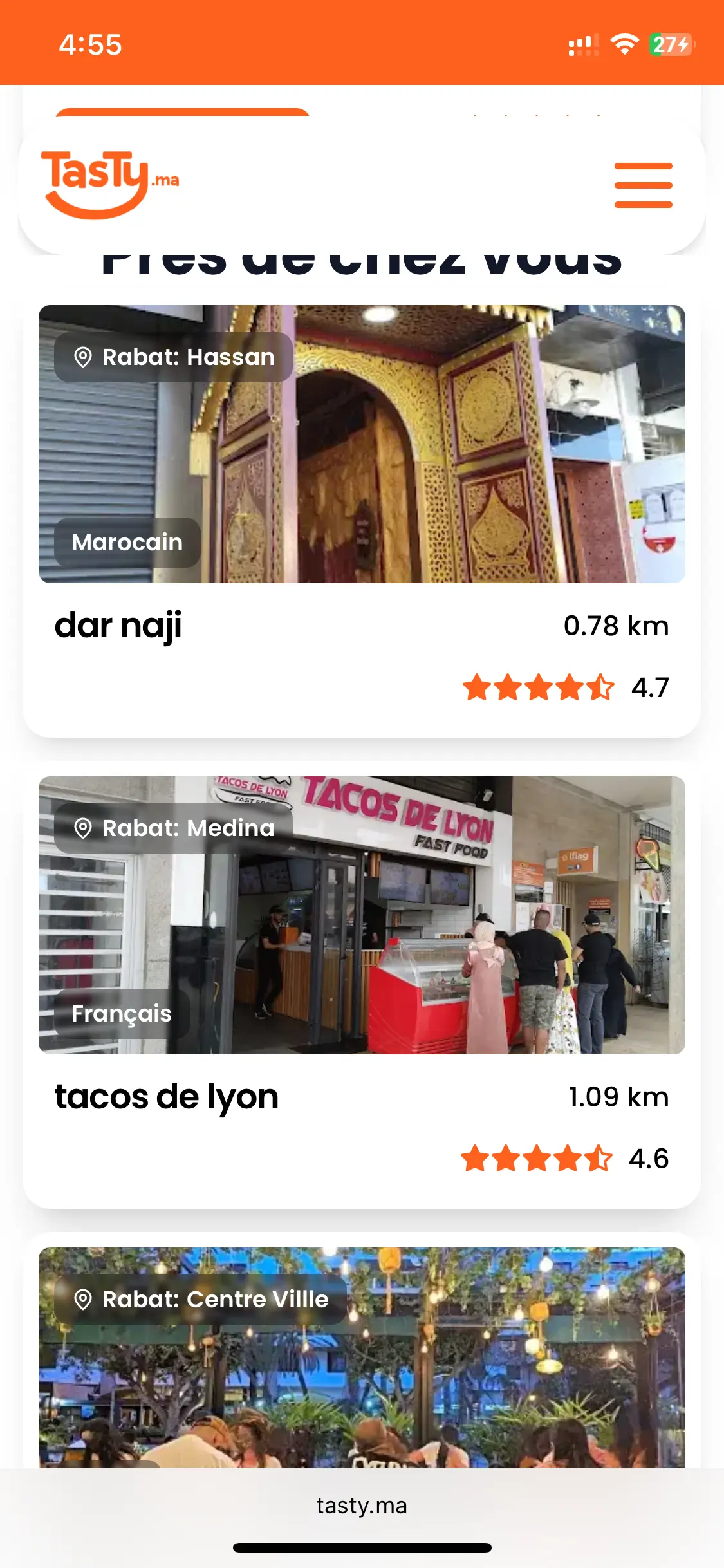 Aperçu de l'application mobile Tasty.ma pour trouver des restaurants et consulter leurs menus