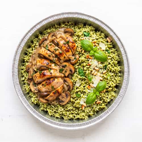 Émincé de poulet aux champignons, Riz au pesto Émincé de poulet aux champignons, Riz au pesto
